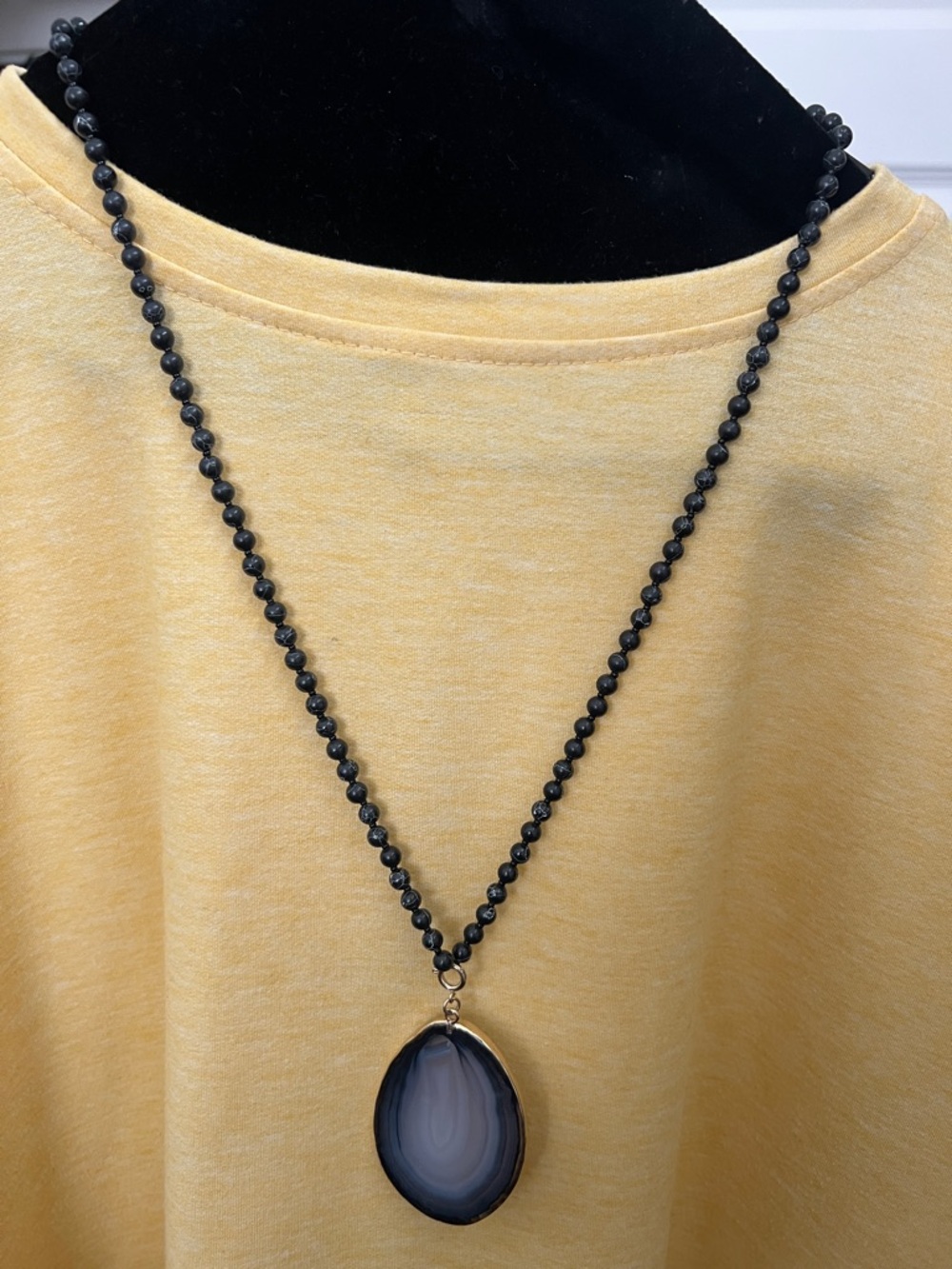 Black Beaded Necklace with Gray-Blue Agate Pendant